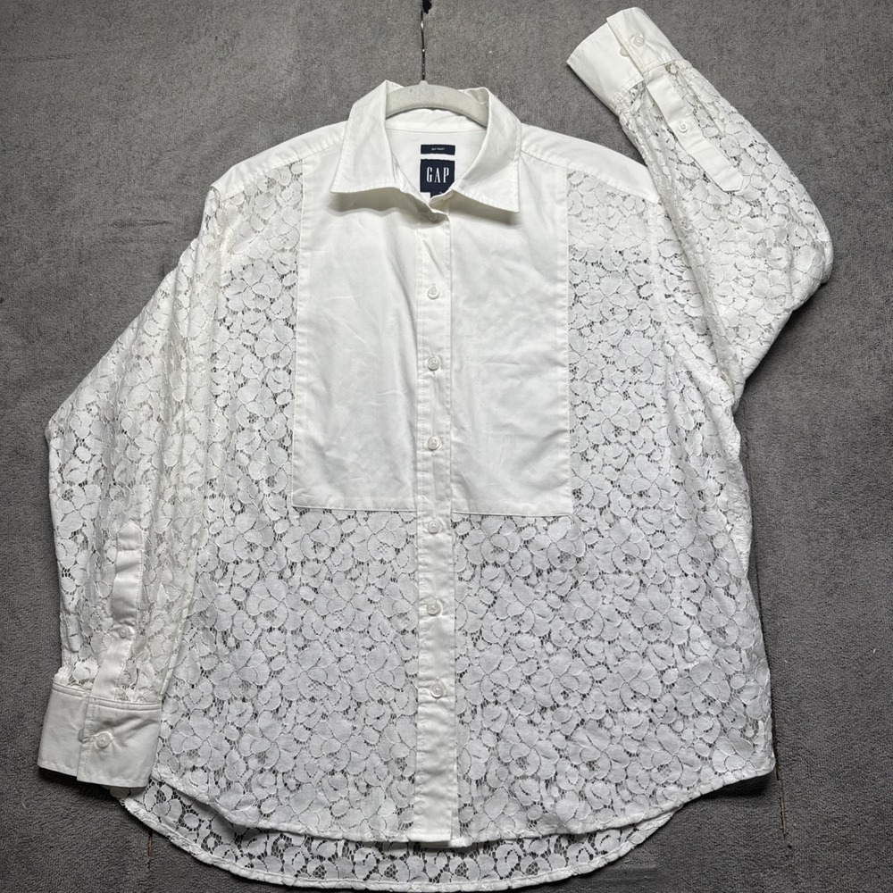 Gap Women's White Lace Button Up Big Shirt Sheer Oversized Blouse Long Sleeve XS